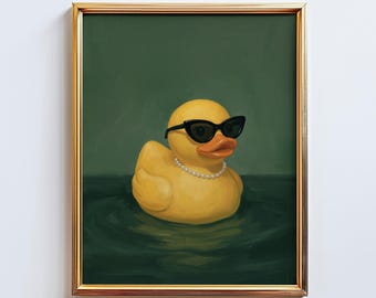 Cool Duck with Sunglasses Poster – Playful Luxury Wall Art in Dark Green