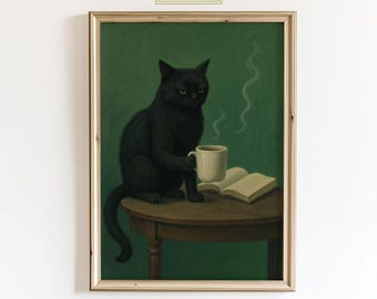 Póster de gato negro melancólico – Arte de pared para amantes del café, Impresión minimalista verde vintage para amantes de los libros