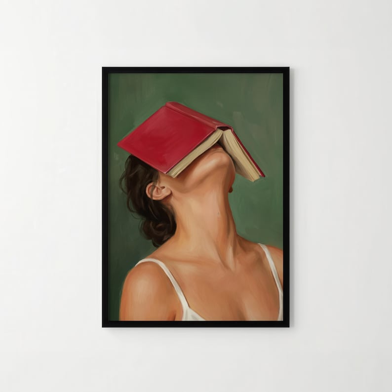 Póster "Libro sobre la cara": Arte mural femenino y tranquilo, una mujer escondida tras un libro, impresión de estética verde melancólica. imagen 2