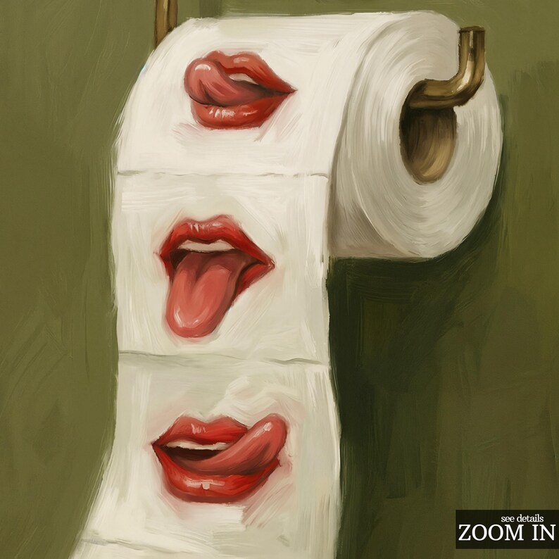 Op de afbeelding: Een rol wit toiletpapier met rode lippen op de vellen geschilderd. De lippen zijn in verschillende poses, waaronder likken en de tong uitsteken. Het toiletpapier is gemonteerd op een goudkleurige houder tegen een groene achtergrond.