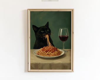 Moody Black Cat Eating Spaghetti – Funny Kitchen Wall Art, Whimsical Cat Poster