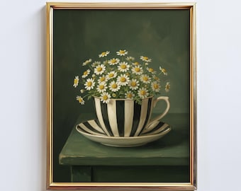 Daisy Cup – Chamomile Floral Wall Art Print, Cottagecore Tea Cup Poster, Moody Botanical Kitchen Decor