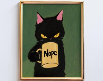 Grinig svart katt med kaffemugg – Rolig kattväggkonst, "Nej"-kaffetryck, stämningsfull estetisk poster för kattälskare