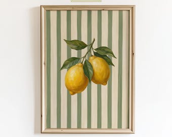 Vintage Lemon Poster - Retro Green Striped Wall Art, Moody Kitchen Decor