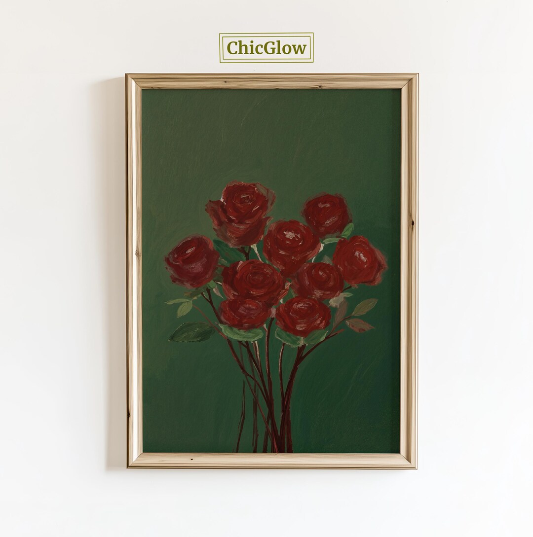 Red Rose Wall Art – Romantic Floral Poster on Green, Feminine Botanical ...