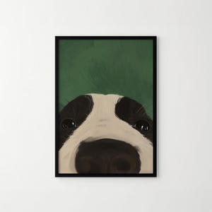 K&ouml;nnte beinhalten: Gerahmter Kunstdruck mit einer Nahaufnahme des Gesichts eines Hundes. Der Hund hat schwarz-wei&szlig;e Markierungen, eine schwarze Nase und dunkle Augen. Der Hintergrund ist einfarbig gr&uuml;n.