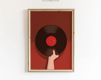 Sztuka ścienna z płyt winylowych w stylu retro – minimalistyczny nadruk muzyczny, czerwona estetyczna dekoracja domu, plakat z płytą winylową w stylu vintage
