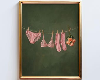 Rosa Lingerie Line Poster – Feminin Stilleben Väggkonst i Stämningsfullt Grönt, Vintage Boudoirtryck
