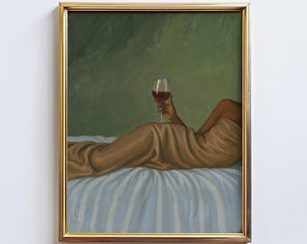 Bedside Merlot – Wine in Bed Wall Art Print, Feminine Bedroom Poster, Moody Green Self Care Decor