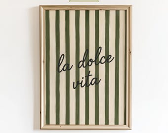 La Dolce Vita Poster - Retro Italian Summer Wall Art, Olive Green Striped Typography Decor