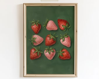 May include: A framed print featuring a green background with nine strawberries. The strawberries vary in shades of red and pink, each with green leaves. The print has a wooden frame and the text "ChicGlow" in the top center.
