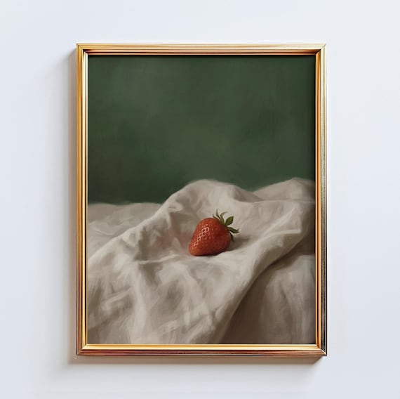 Strawberry Still Life Wall Art – Minimal Green Aesthetic, Quiet Luxury Print