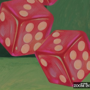 May include: Close-up of three red dice with white dots against a green background. The dice are painted with a glossy finish. The text "ZOOM IN" is visible in the bottom right corner.