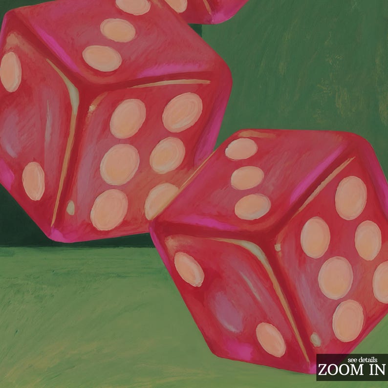 May include: Close-up of three red dice with white dots against a green background. The dice are painted with a glossy finish. The text "ZOOM IN" is visible in the bottom right corner.