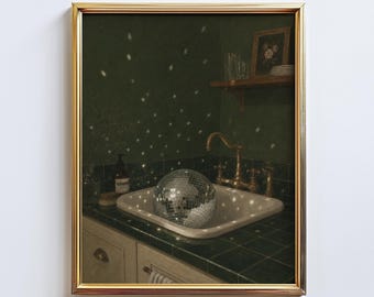 Lavabo Disco – Lámina decorativa para baño con diseño de bola de discoteca, póster retro para baño en tonos verdes intensos.
