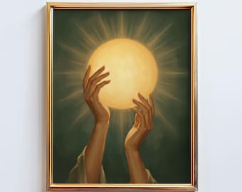 Holding the Sun Poster – Feminine Energy Wall Art, Hands with Light, Spiritual Green Aesthetic Print
