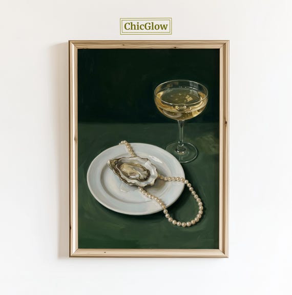 Oyster with Pearls Poster - Champagne Still Life Wall Art, Moody Green Dining Decor