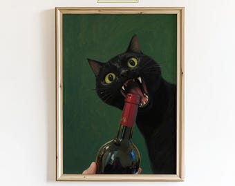 May include: Framed art print featuring a black cat with open mouth biting a wine bottle. The cat has yellow eyes and is set against a green background. The text "ChicGlow" is in the top center.