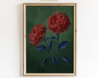 Könnte beinhalten: Gerahmter Blumendruck mit zwei großen roten Hortensienblüten vor dunkelgrünem Hintergrund. Die Blumen haben dunkelblaue Stiele und Blätter. Der Text "ChicGlow" befindet sich oben in der Mitte.