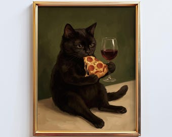 Black Cat Eating Pizza with Wine Poster – Funny Moody Cat Wall Art, Dark Humor Kitchen & Bar Decor