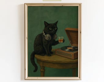 DJ Black Cat Poster - Funny Cat with Headphones & Whiskey, Retro Record Player Wall Art, Moody Green Music Decor