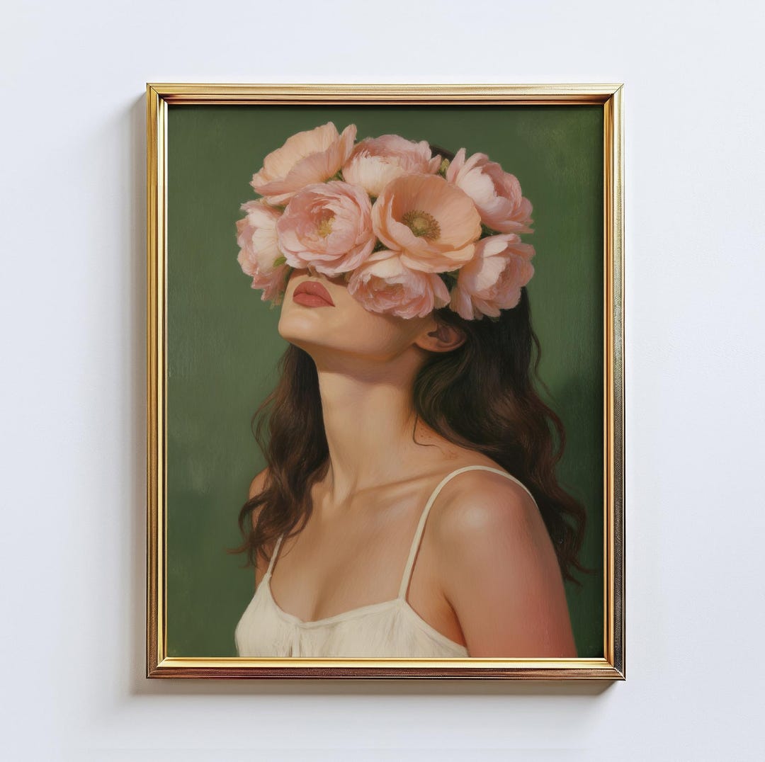 Bloom Gaze – Floral Woman Portrait Poster, Pink Flower Face Wall Art