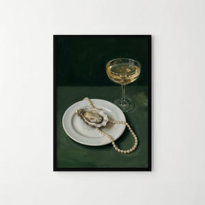 May include: A still life painting featuring a champagne glass filled with a golden liquid, a white plate with an oyster, and a pearl necklace. The background is a dark green color.