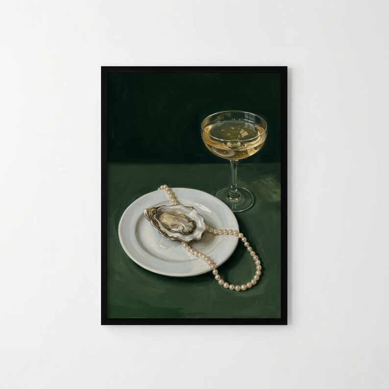 May include: A still life painting featuring a champagne glass filled with a golden liquid, a white plate with an oyster, and a pearl necklace. The background is a dark green color.