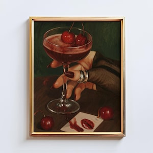 Cherry Kiss – Dark Aesthetic Cocktail Art Print, Elegant Red Drink Wall Art, Feminine Glam Painting