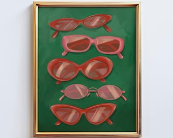 Retro Sunglasses Poster – Pink and Red Glasses Wall Art, Fashion Object Illustration, Green Aesthetic Print