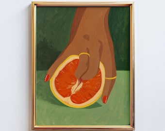 Citrus Touch – Feminine Sensual Art Print, Bold Modern Minimalist Poster, Orange Aesthetic Wall Art by ChicGlowPosters