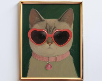 Cool Cat Wall Art – Heart Glasses Kitty Poster, Cute Feminine Aesthetic Girly Decor