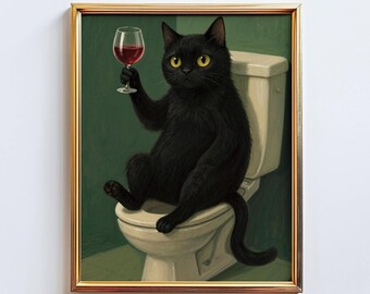 Funny Black Cat Bathroom Art – Wine Lover Cat Print, Quirky Toilet Wall ...