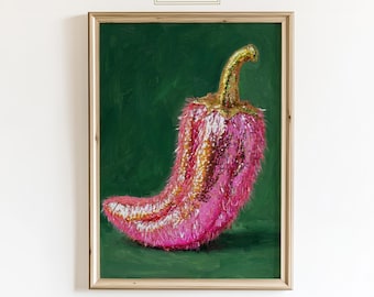 May include: A framed artwork featuring a stylized pink chili pepper with gold sequins and a fuzzy texture. The background is a dark green, and the frame is a light wood color. The text "ChicGlow" is in the top left corner.