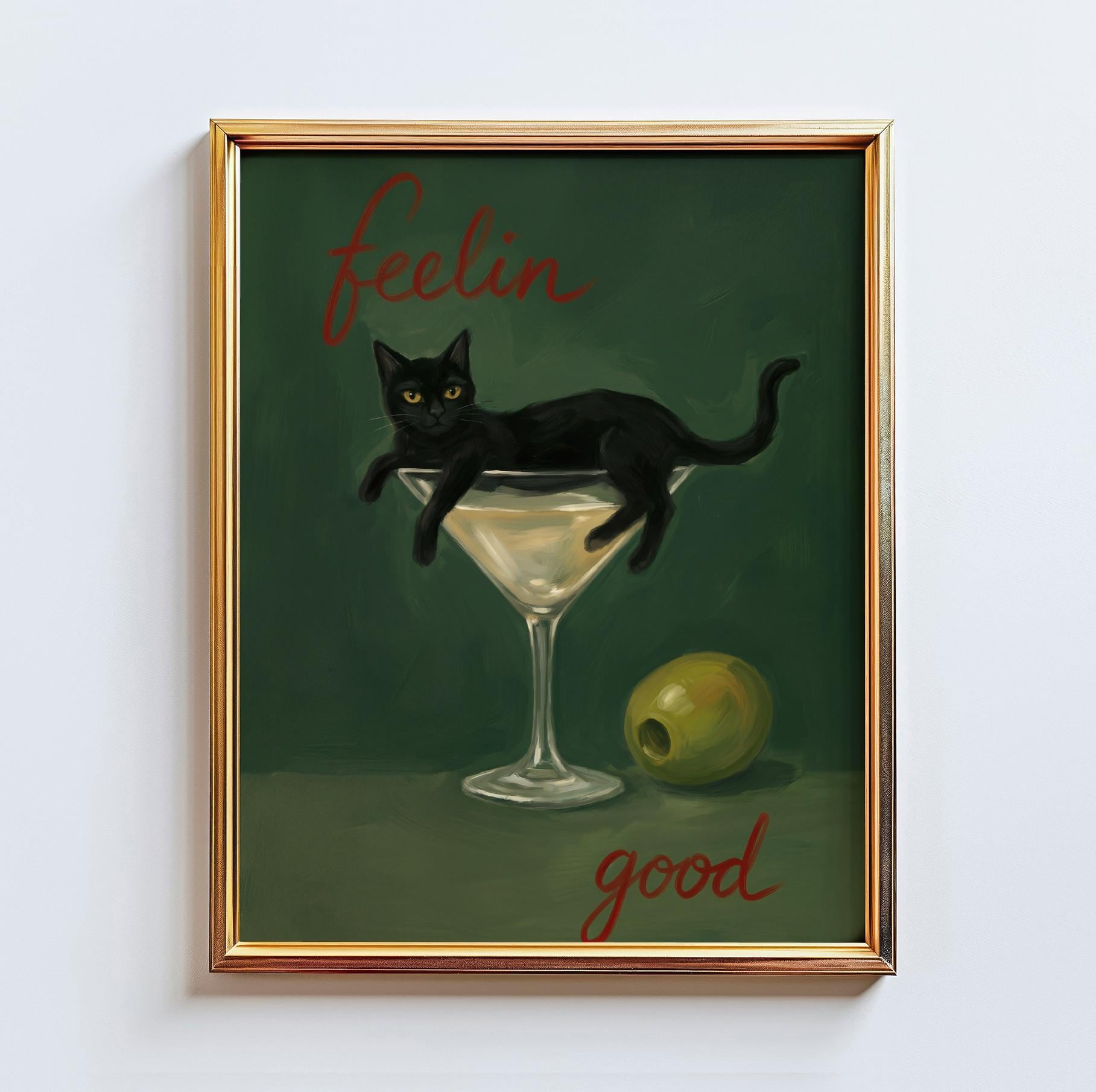 Poster Chat Noir Martini – Art Imprimé Vintage, Bar Cocktail Sur Canapé Vert, Déco Murale