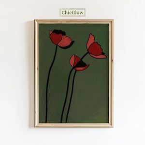 Abstrakt vallmoblomma-väggkonst – Minimalistiskt rosa blomtryck på grönt tryck, modern botanisk väggdekor