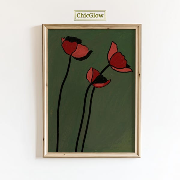 Abstract Poppy Flower Wall Art – Minimal Pink Floral Print on Green Print, Modern Botanical Wall Decor