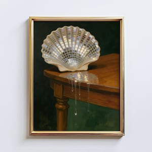 May include: A framed painting of a seashell covered in mirrored tiles, resting on a wooden table. The table has a glossy finish, with drips of liquid cascading down the side. The background is a dark green.