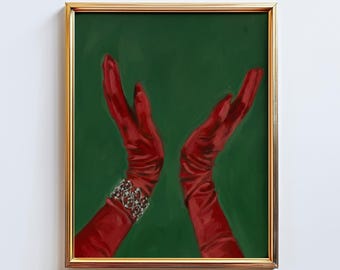Red Gloves Poster – Bold Feminine Wall Art, Elegant Hands Gesture, Moody Green Power Print