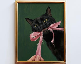 Black Cat with Pink Ribbon Poster – Playful Moody Wall Art in Dark Green