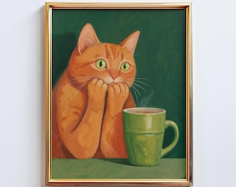 Morning Cat – Cozy Coffee Cat Wall Art Print, Cute Orange Kitty Poster, Whimsical Animal Illustration by ChicGlowPosters