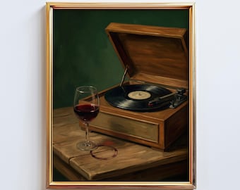 Vintage Record Player Poster – Moody Music Wall Art with Wine in Green