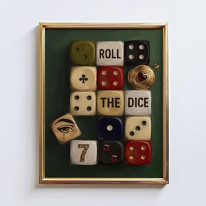 May include: A framed art print featuring a collection of dice arranged on a green background. The dice are various colors and display different numbers and symbols. The words "ROLL THE DICE" are spelled out with dice. A gold-colored frame surrounds the artwork.