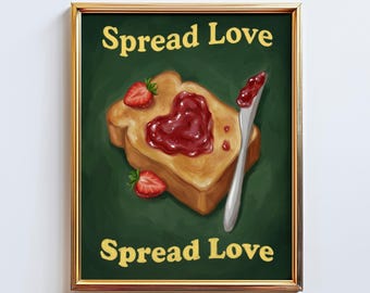 Spread Love Poster – Retro Kitchen Wall Art with Strawberry Jam Toast