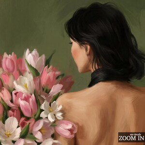 Pu&ograve; includere: Dipinto artistico di una persona con capelli neri, vista da dietro, che tiene in mano un bouquet di tulipani rosa e bianchi. Lo sfondo &egrave; verde tenue e il dipinto ha un'atmosfera morbida e romantica. Le parole "zoom in" sono visibili in basso a destra.