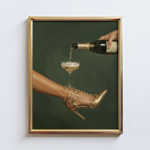 Golden Pour – Champagne High Heel Poster, Luxe Feminine Bar Wall Art Print