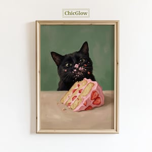 Black Cat Eating Cake Poster - Whimsical Funny Wall Art, Pink Strawberry Cake Print