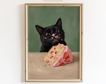 Black Cat Eating Cake Poster - Whimsical Funny Wall Art, Pink Strawberry Cake Print