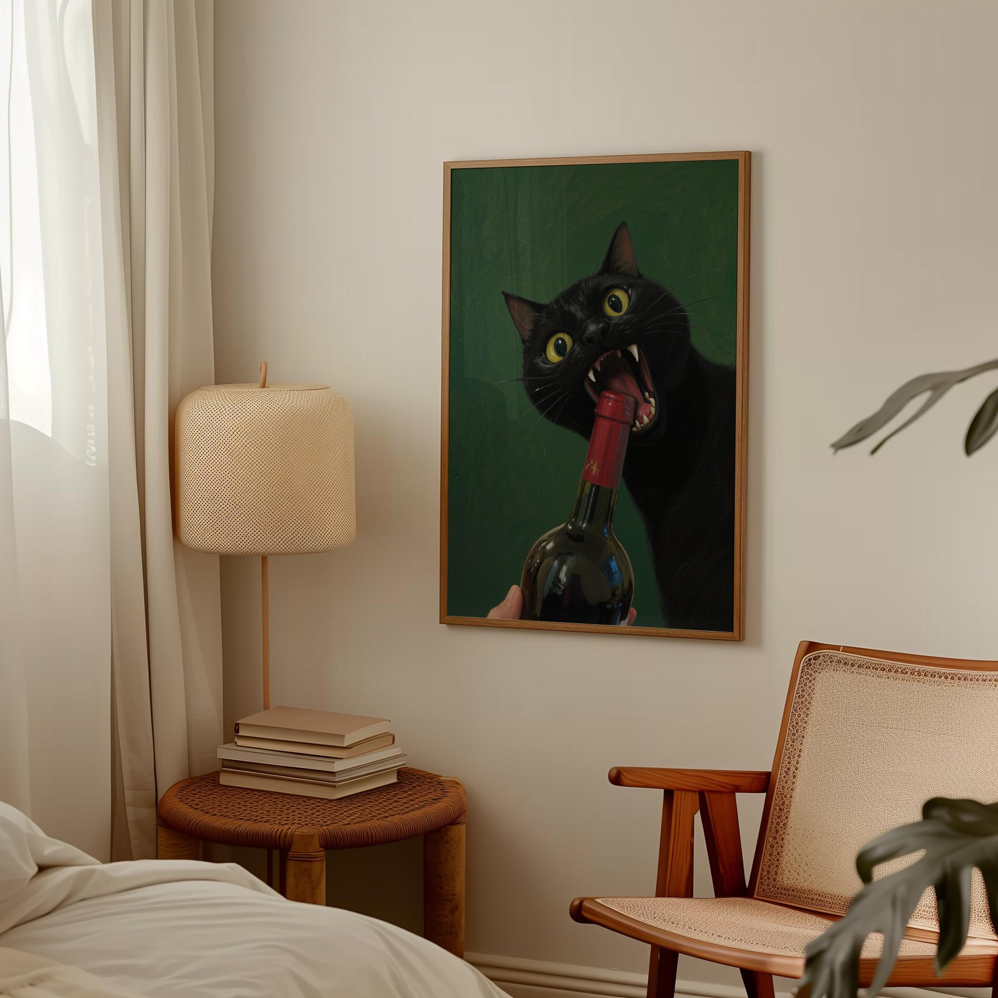 Chaotic Black Cat Poster – Funny Wine Art Print, Moody Green Wall Decor ...