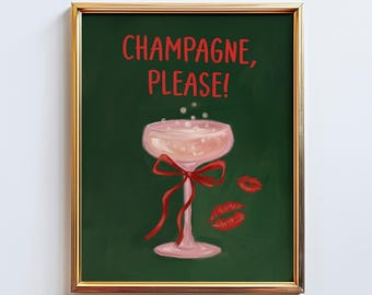 Champagne Please Wall Art – Pink Coupe Glass Poster, Chic Feminine Bar Decor